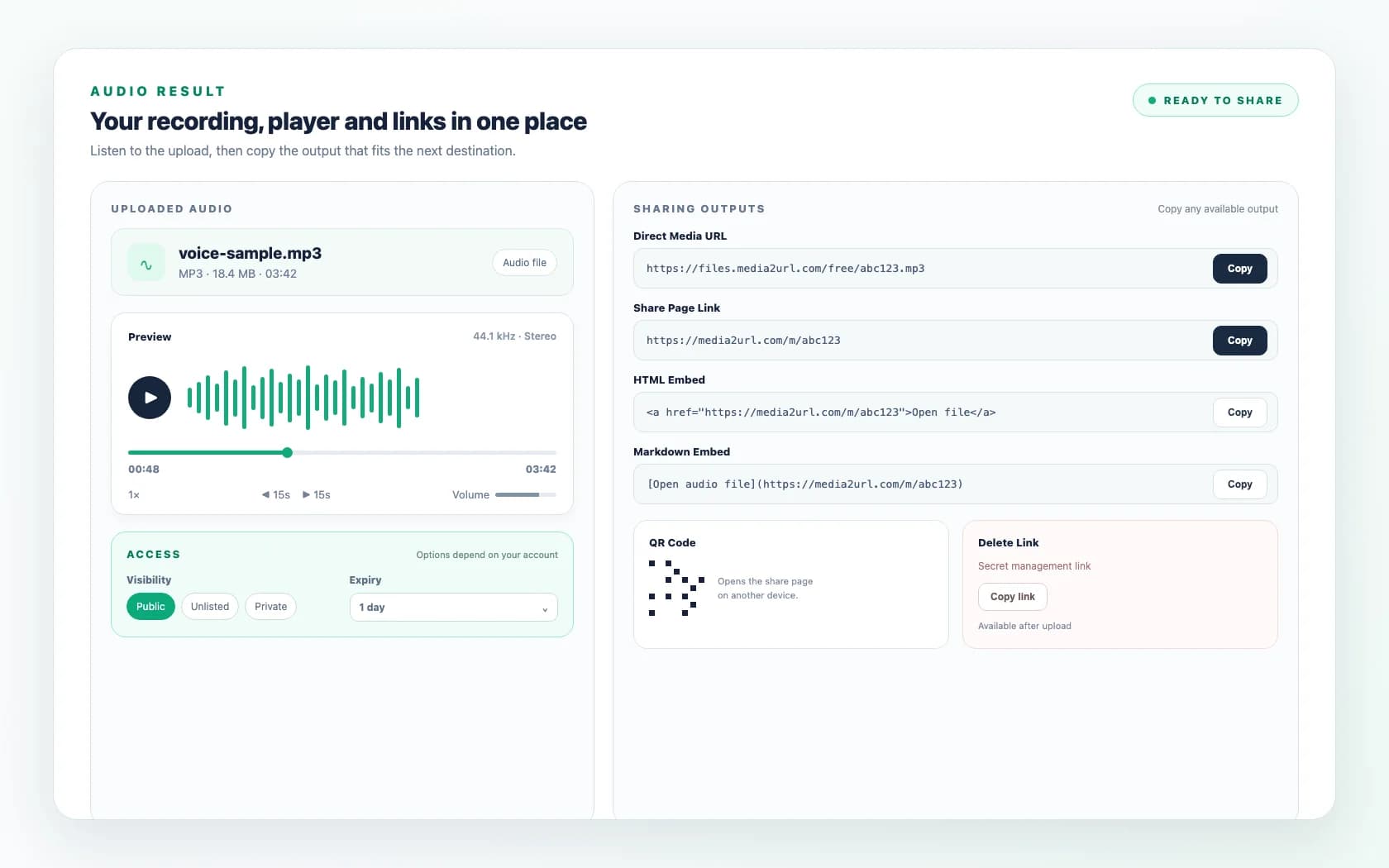 Media2URL Audio to Link Converter showing an audio player, waveform, direct audio URL and share page