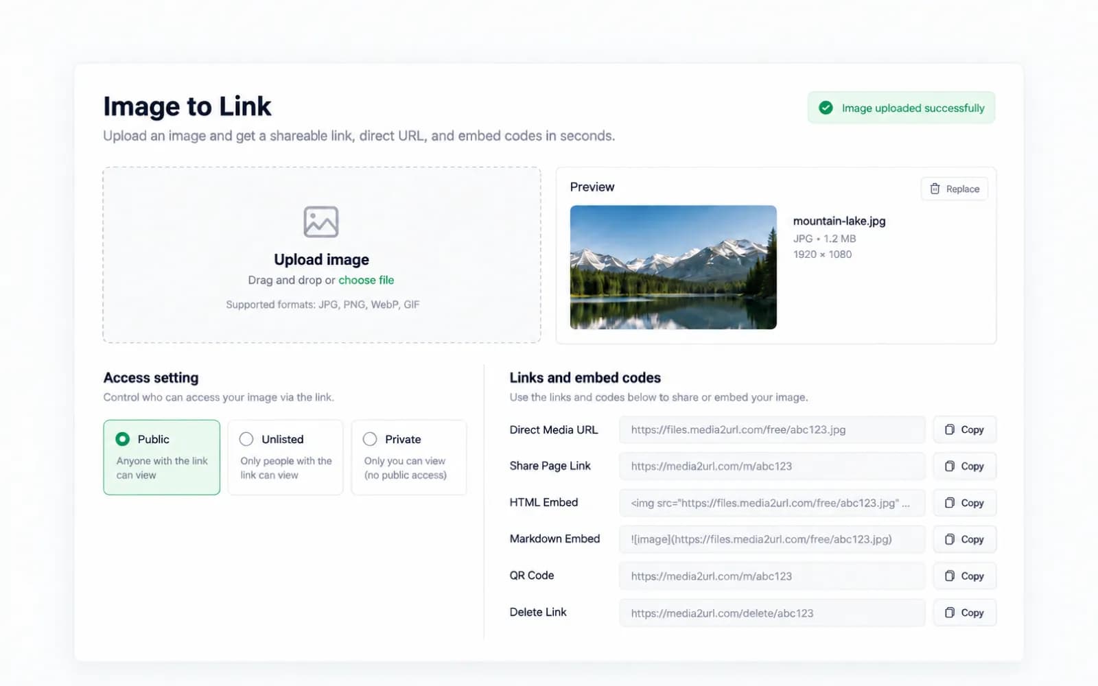 Media2URL Image to Link Converter showing image upload, direct image URL, share page, HTML and Markdown outputs