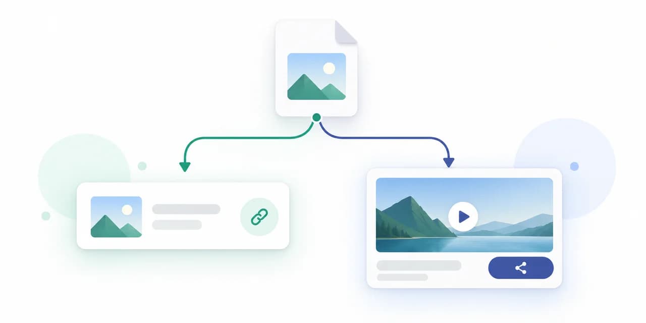 One hosted media file branching into a direct URL and a share page