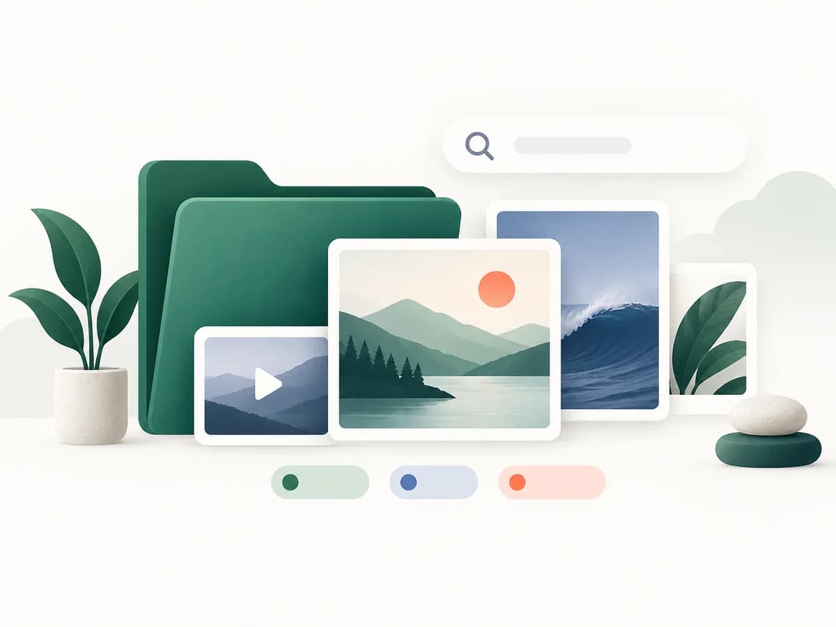 Organized media library with folders, image thumbnails, tags and search
