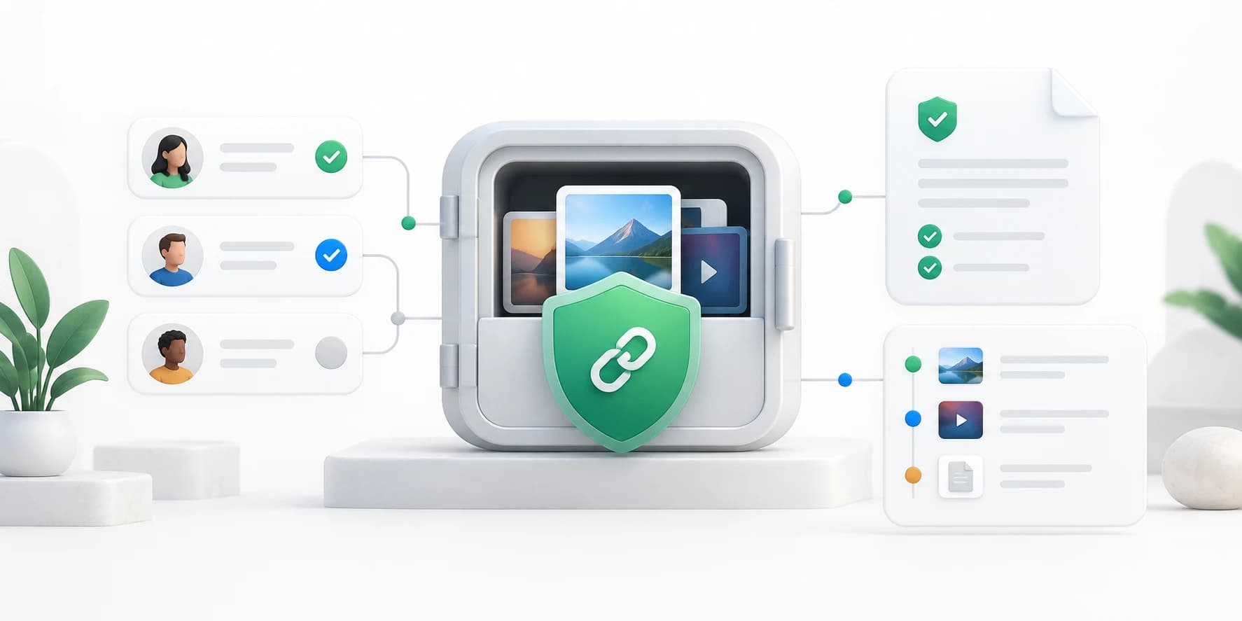 Protected media vault with sharing controls, permissions and policy records