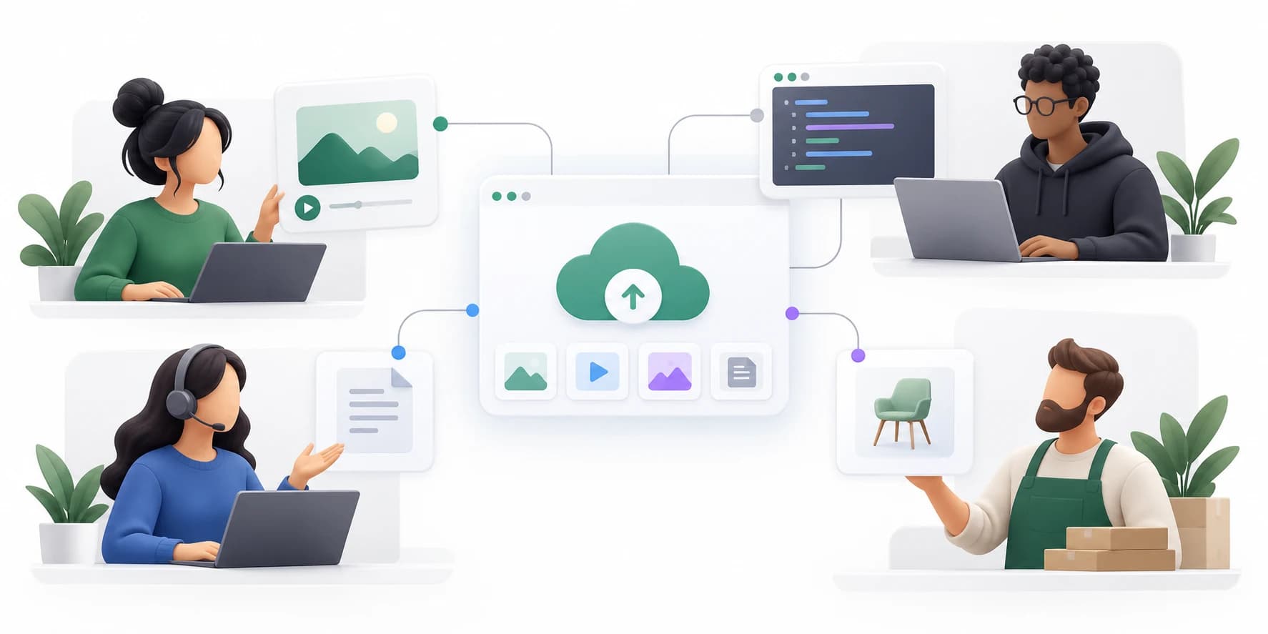 Creators, developers, support teams and small businesses connected through a media workspace