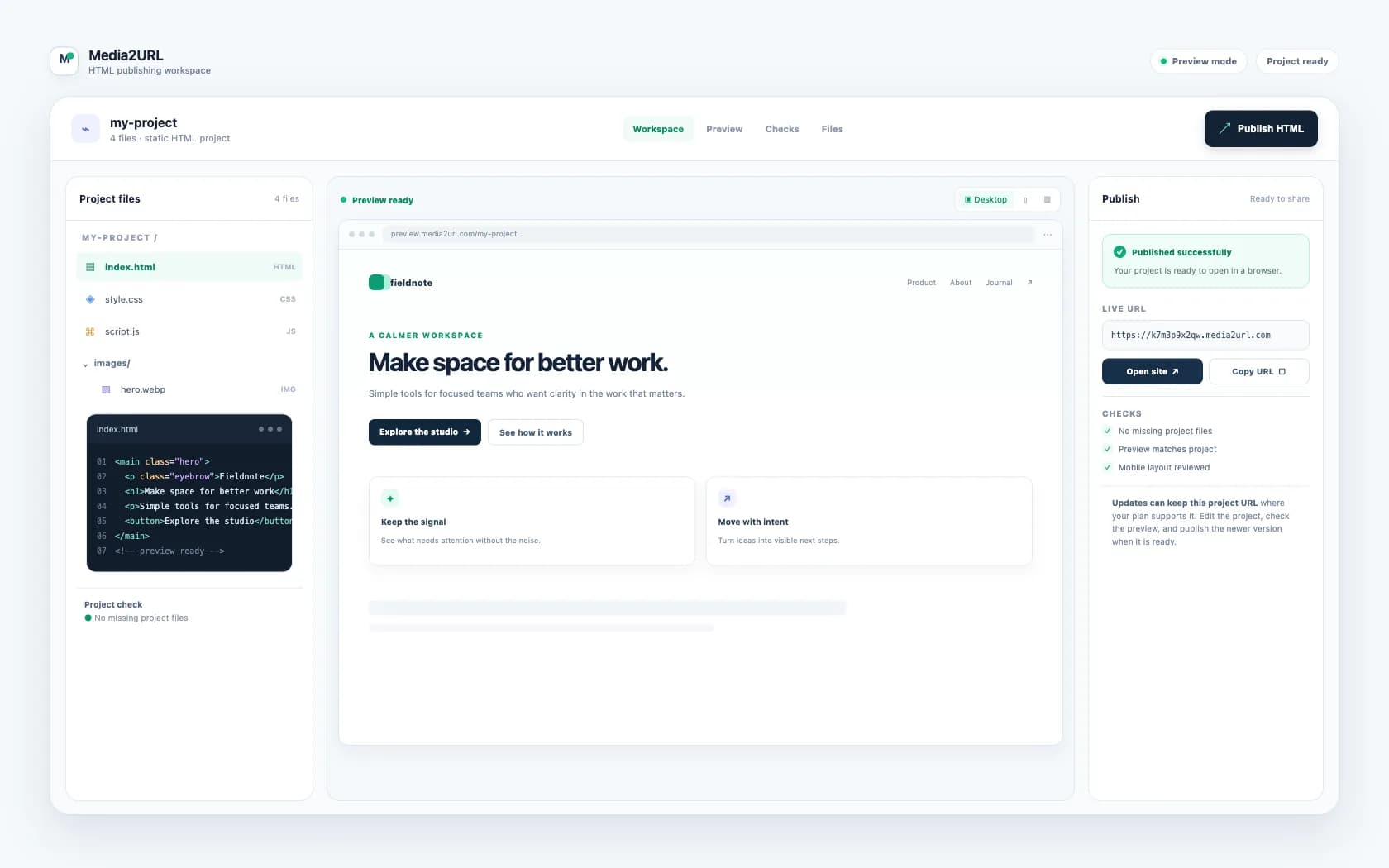 Media2URL HTML to URL workspace showing project files, live browser preview and a published website URL