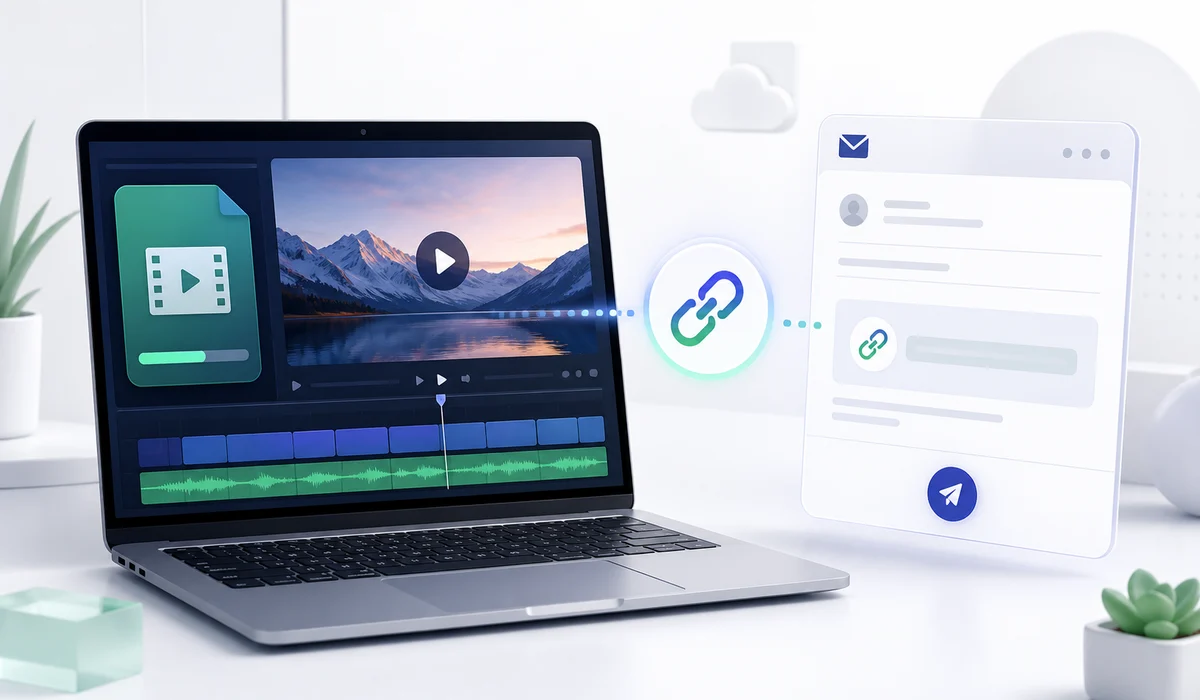 Laptop, hosted link, and email illustration for sharing a large video without an attachment