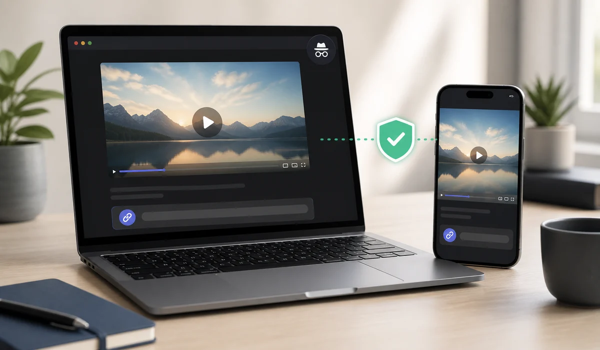 Shared video link checked in a private browser window on a laptop and smartphone before sending the email