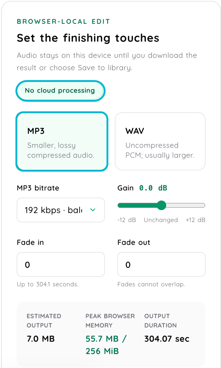 Audio Studio browser-local export panel with MP3 selected, WAV available, bitrate, gain, fade and output estimate controls