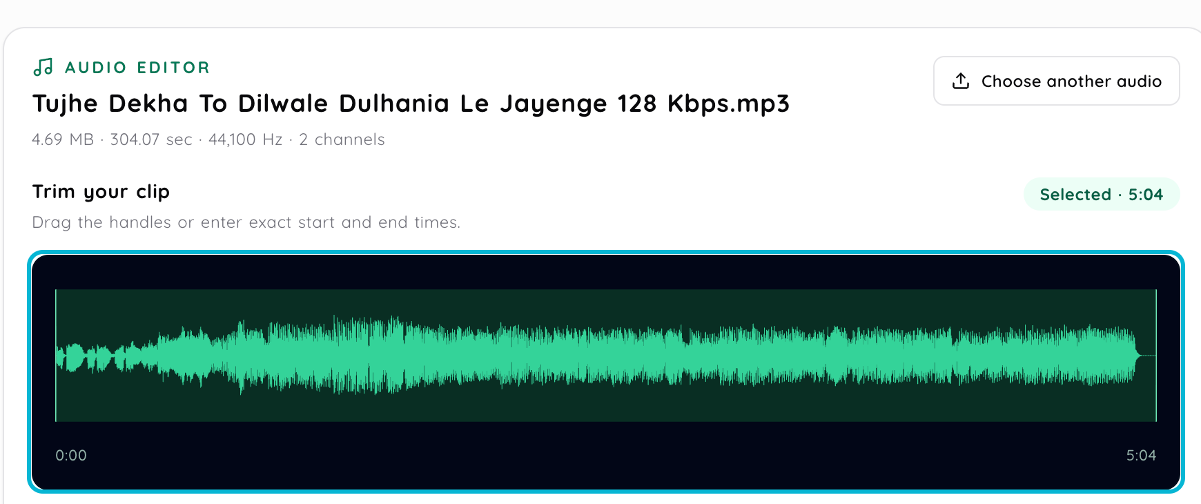 Audio Studio editor showing the selected MP3, clip duration, trim controls and highlighted waveform preview
