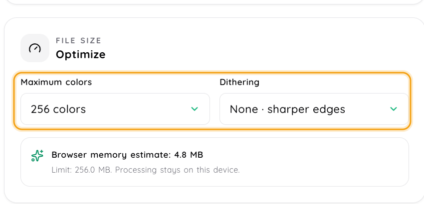 GIF Studio optimization panel showing a 256-color limit, no dithering, and a 4.8 MB browser memory estimate