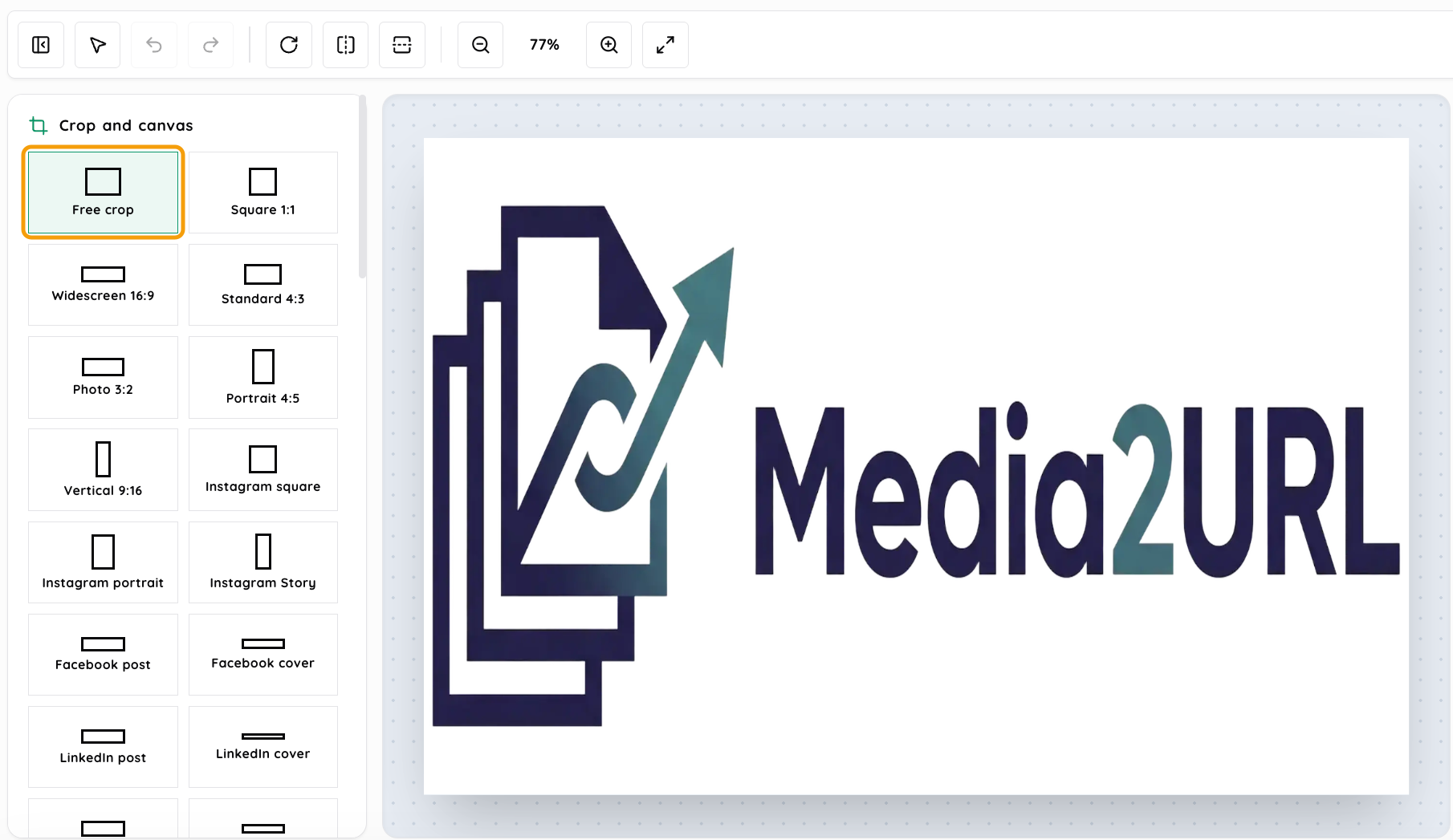 Image Editor with Free crop selected, aspect-ratio and social crop presets beside the Media2URL logo canvas; an amber outline marks the selected preset