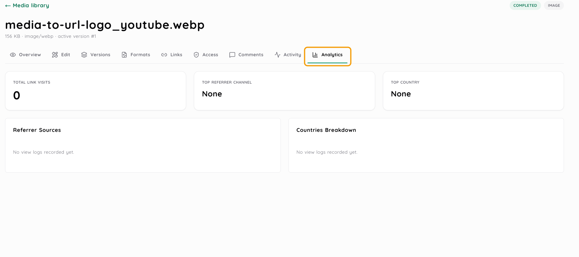 Analytics tab for media-to-url-logo_youtube.webp showing zero link visits and no referrer or country logs yet; an amber outline marks the selected tab