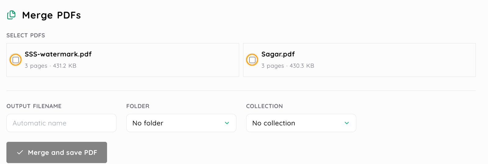 PDF merge panel listing sss-watermark.pdf and Sagar.pdf, each with three pages, beside output name, folder and collection controls