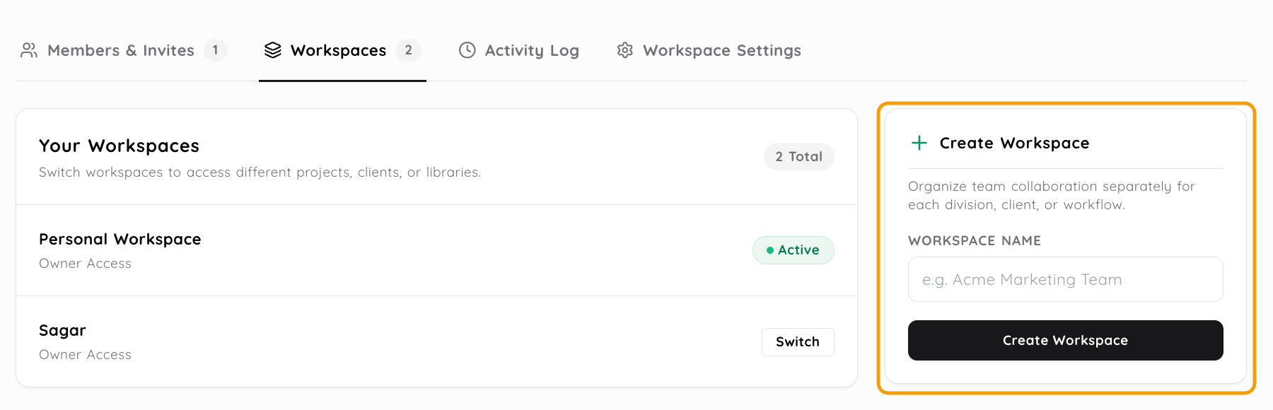 Close view of the selected Workspaces tab, workspace list and Create Workspace form; an amber outline marks the form