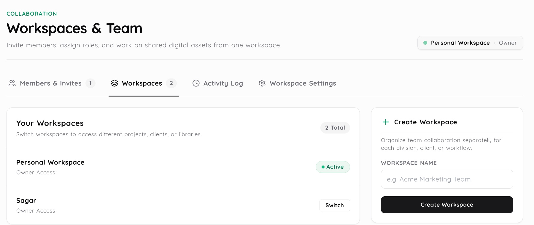 Media2URL Workspaces and Team dashboard showing the active Workspaces tab, two workspaces and the Create Workspace form